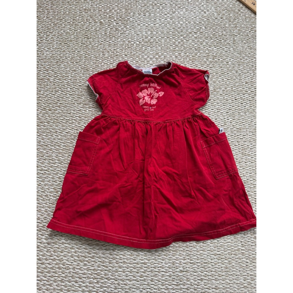 Tommy Hilfiger Girls Red Hibiscus Surf Graphic Cotton Dress 18-24 Y2K vintage